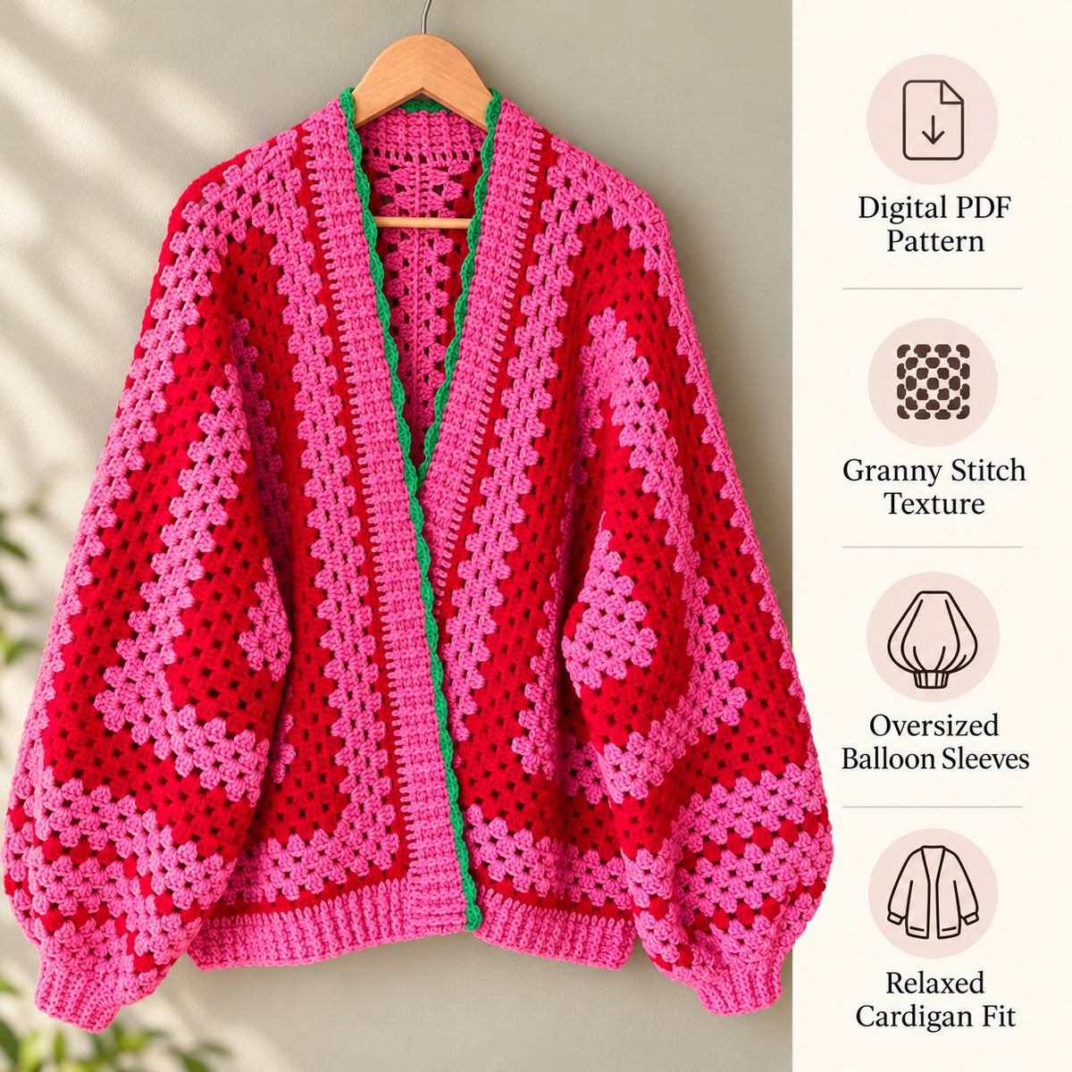 Marylebone Cardigan Crochet Pattern PDF – Balloon Sleeve Jacket S–3XL