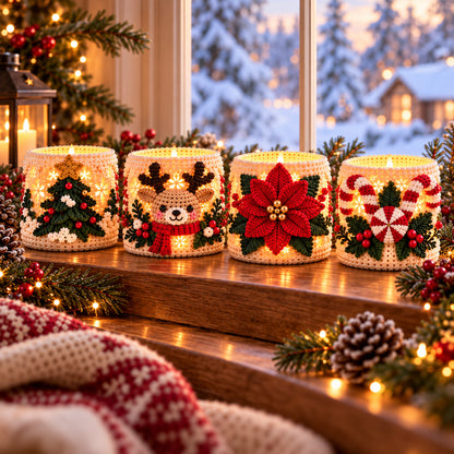 4 Christmas Luminary Crochet Patterns Bundle PDF – Reindeer, Tree, Poinsettia & Peppermint
