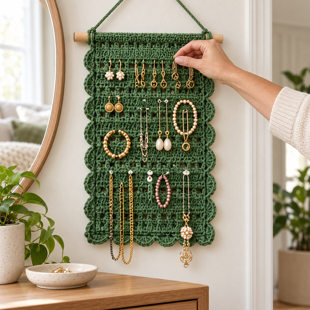 Crochet Jewellery Holder Pattern PDF – Boho Wall Hanging Organizer