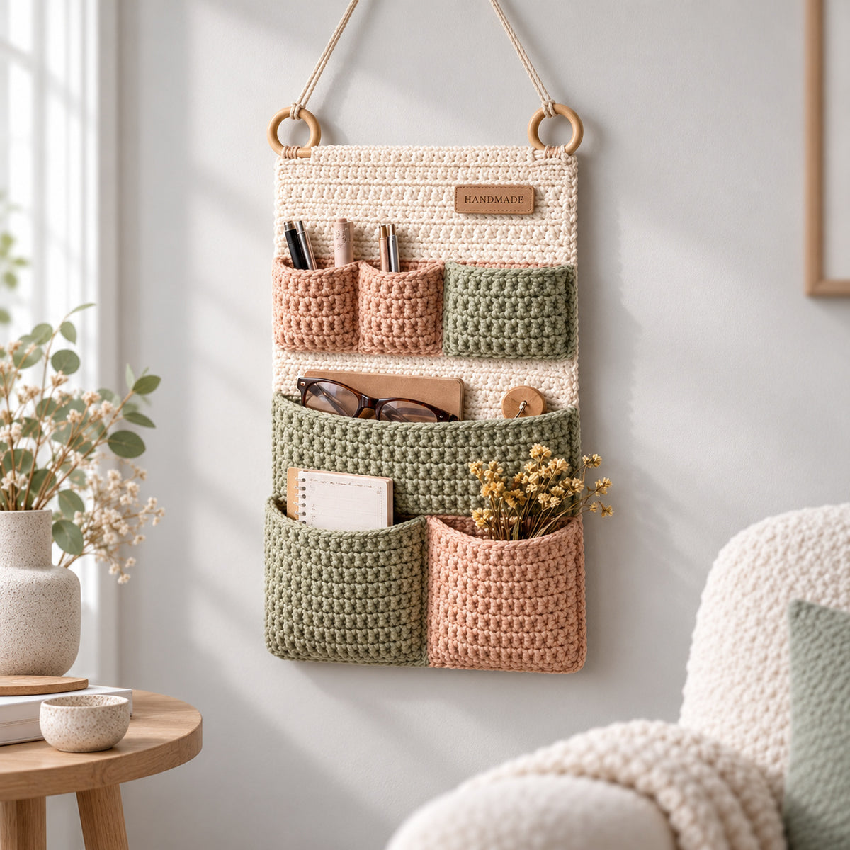 6 Pocket Crochet Wall Organizer Pattern PDF – Boho Hanging Storage