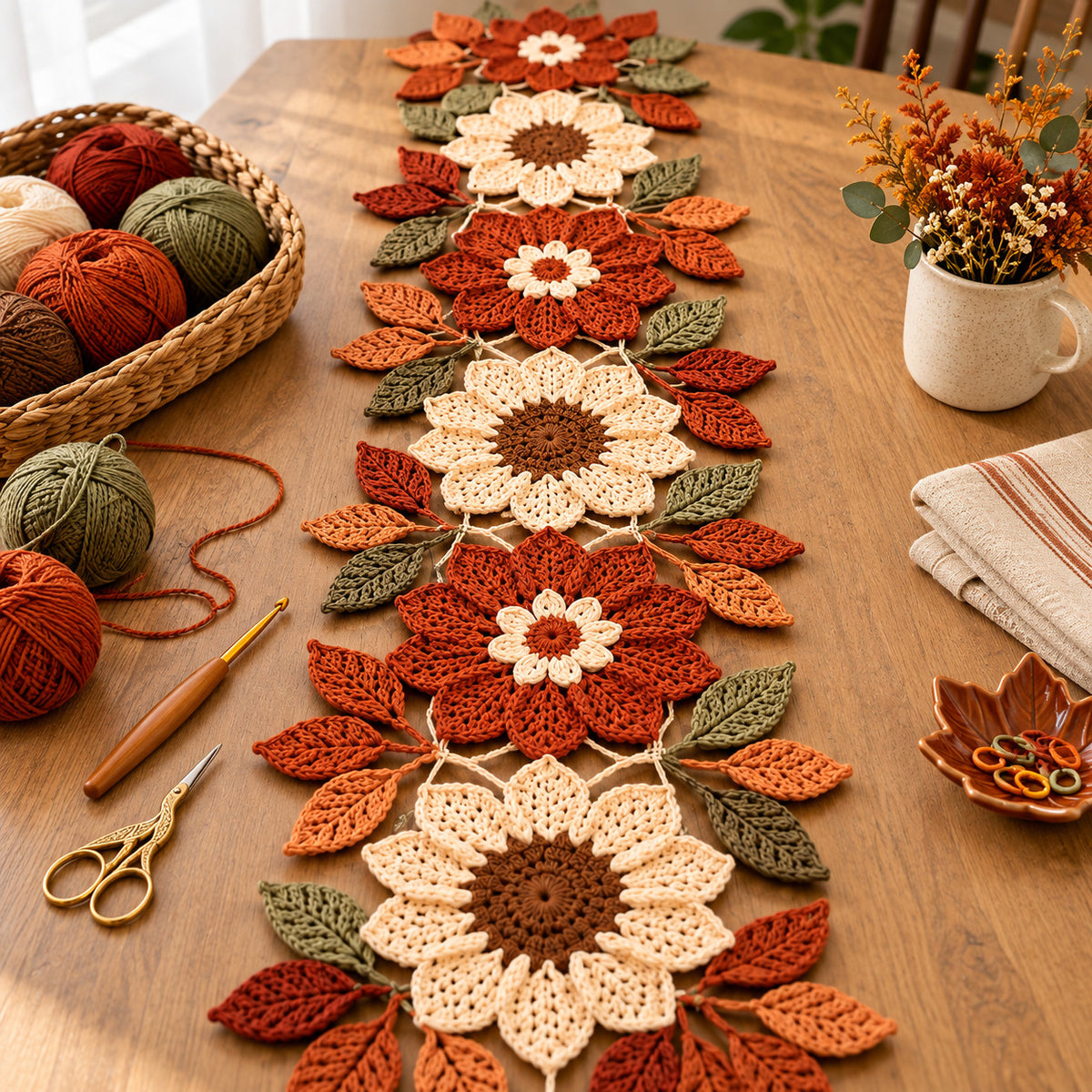 Crochet Table Runner Pattern PDF – Autumn Sunflower-Inspired Floral & Leaf Decor