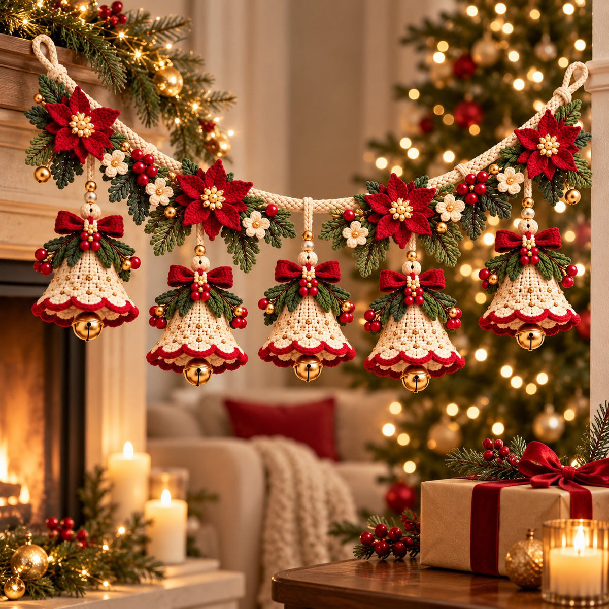 Christmas Bell Garland Crochet Pattern PDF – Poinsettia Holiday Decor