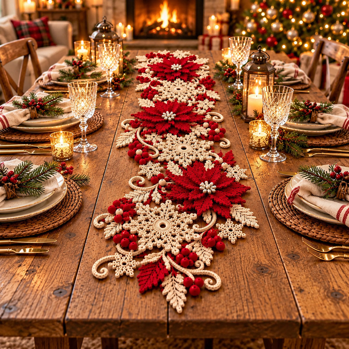 Poinsettia Snowflake Table Runner Crochet Pattern PDF – Christmas Table Decor
