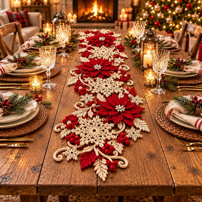 Poinsettia Snowflake Table Runner Crochet Pattern PDF – Christmas Table Decor