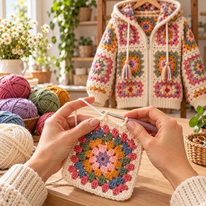 Granny Square Hooded Cardigan Crochet Pattern PDF – Zip Hoodie S–XL