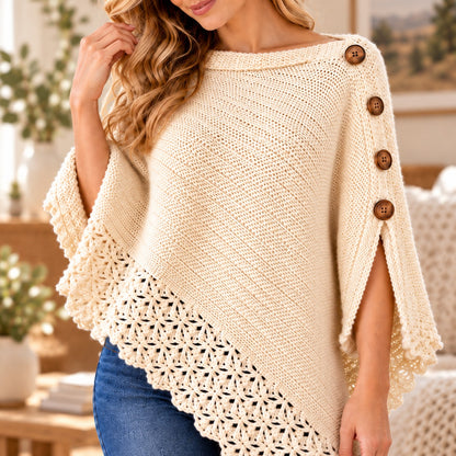 Uptown Poncho Crochet Pattern PDF – Easy Women’s Crochet Wrap with Button Detail & Lace Border