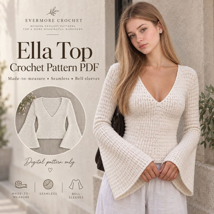Ella Top Crochet Pattern PDF – Made-to-Measure V-Neck Top with Bell Sleeves, Seamless Crochet Sweater Pattern