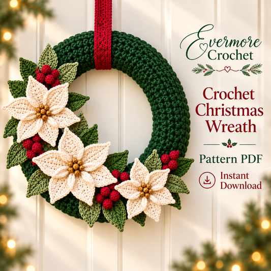 Christmas Crochet Wreath Pattern PDF – Poinsettias & Berries, 14-Inch Base