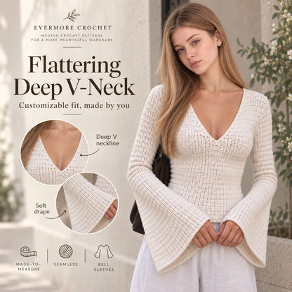 Ella Top Crochet Pattern PDF – Made-to-Measure V-Neck Top with Bell Sleeves, Seamless Crochet Sweater Pattern