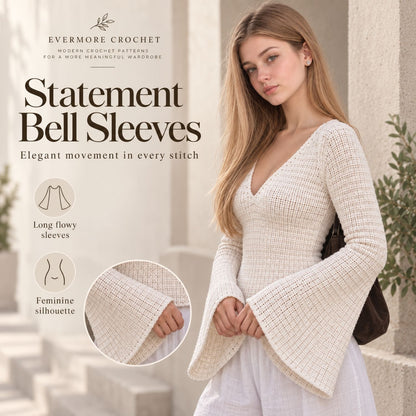 Ella Top Crochet Pattern PDF – Made-to-Measure V-Neck Top with Bell Sleeves, Seamless Crochet Sweater Pattern