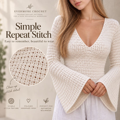 Ella Top Crochet Pattern PDF – Made-to-Measure V-Neck Top with Bell Sleeves, Seamless Crochet Sweater Pattern