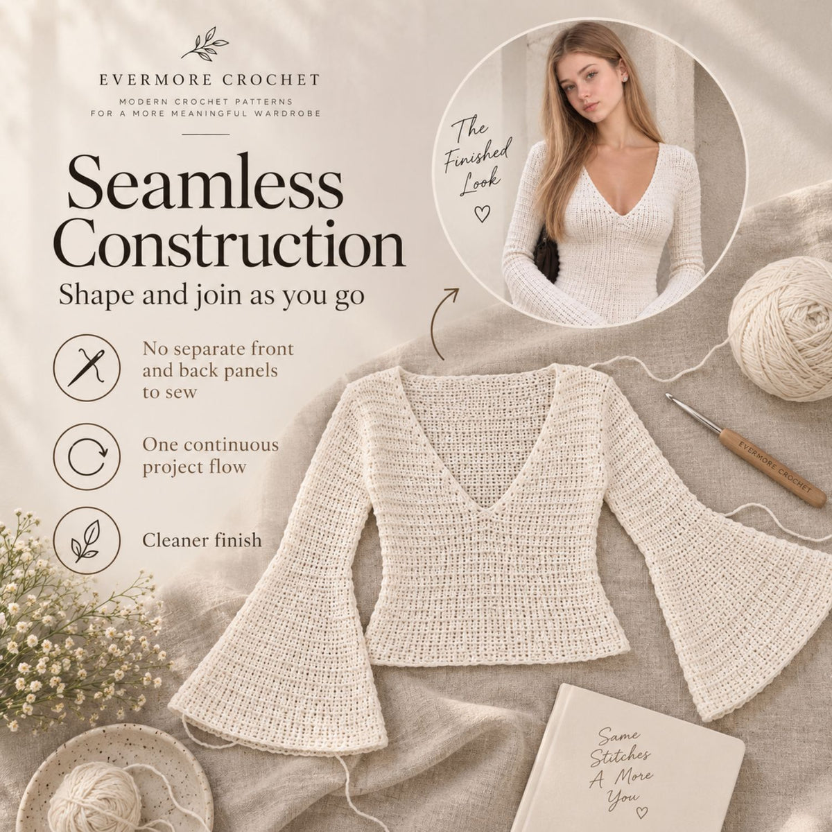 Ella Top Crochet Pattern PDF – Made-to-Measure V-Neck Top with Bell Sleeves, Seamless Crochet Sweater Pattern