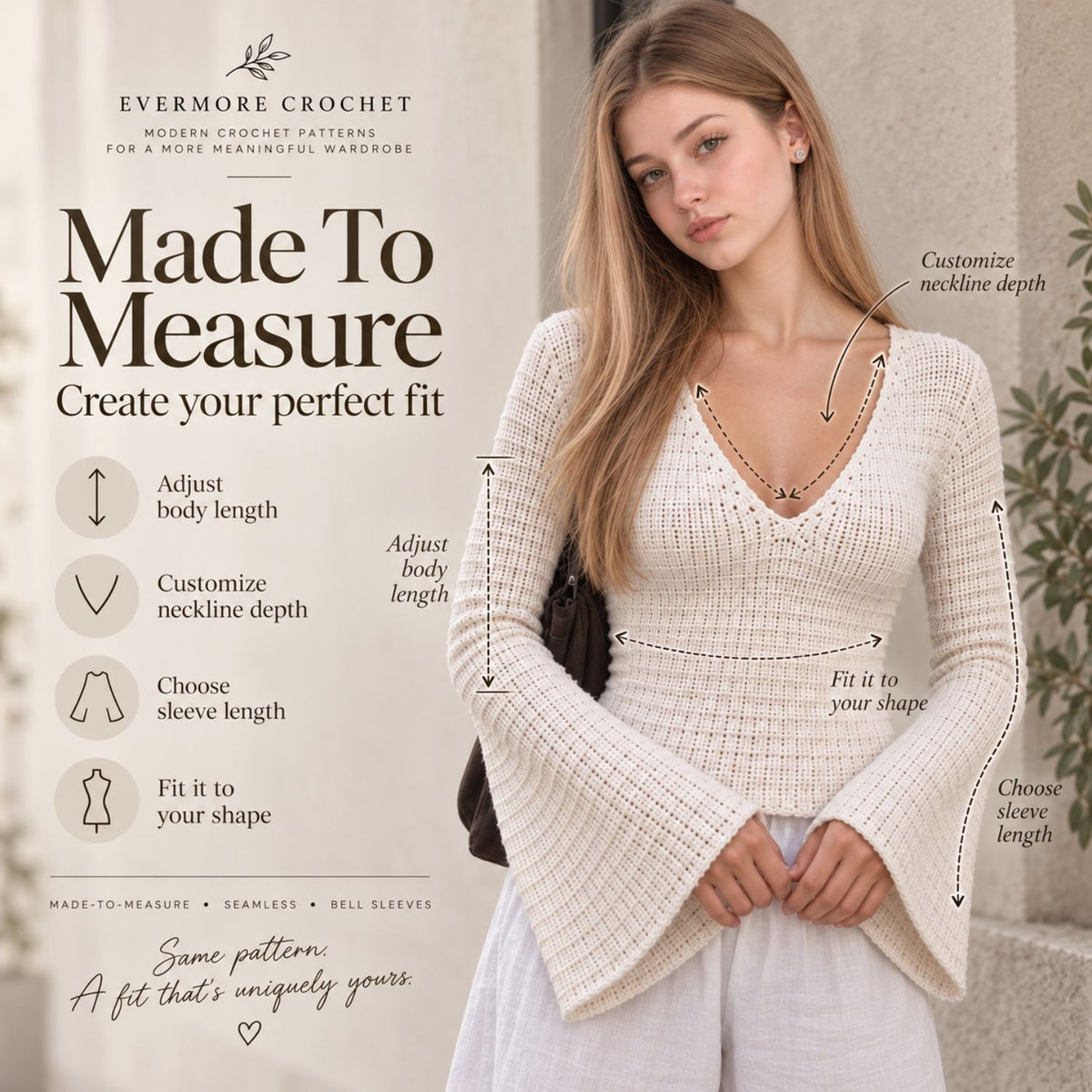 Ella Top Crochet Pattern PDF – Made-to-Measure V-Neck Top with Bell Sleeves, Seamless Crochet Sweater Pattern