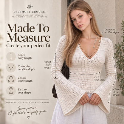 Ella Top Crochet Pattern PDF – Made-to-Measure V-Neck Top with Bell Sleeves, Seamless Crochet Sweater Pattern
