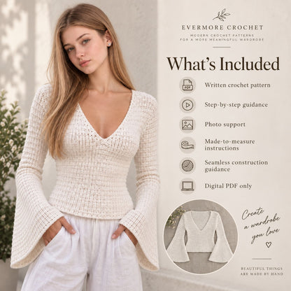 Ella Top Crochet Pattern PDF – Made-to-Measure V-Neck Top with Bell Sleeves, Seamless Crochet Sweater Pattern