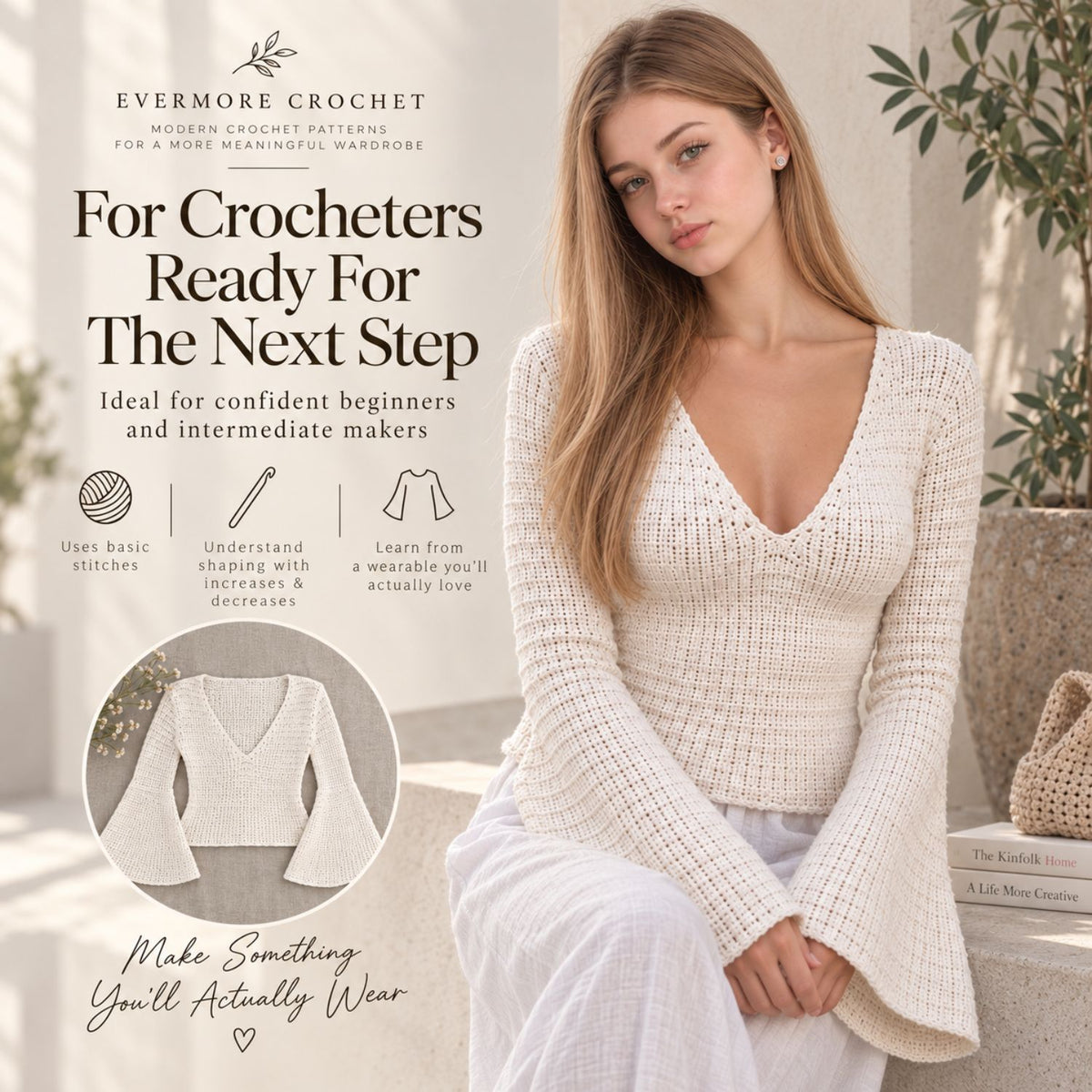 Ella Top Crochet Pattern PDF – Made-to-Measure V-Neck Top with Bell Sleeves, Seamless Crochet Sweater Pattern