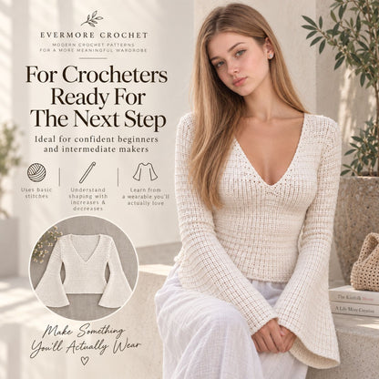 Ella Top Crochet Pattern PDF – Made-to-Measure V-Neck Top with Bell Sleeves, Seamless Crochet Sweater Pattern