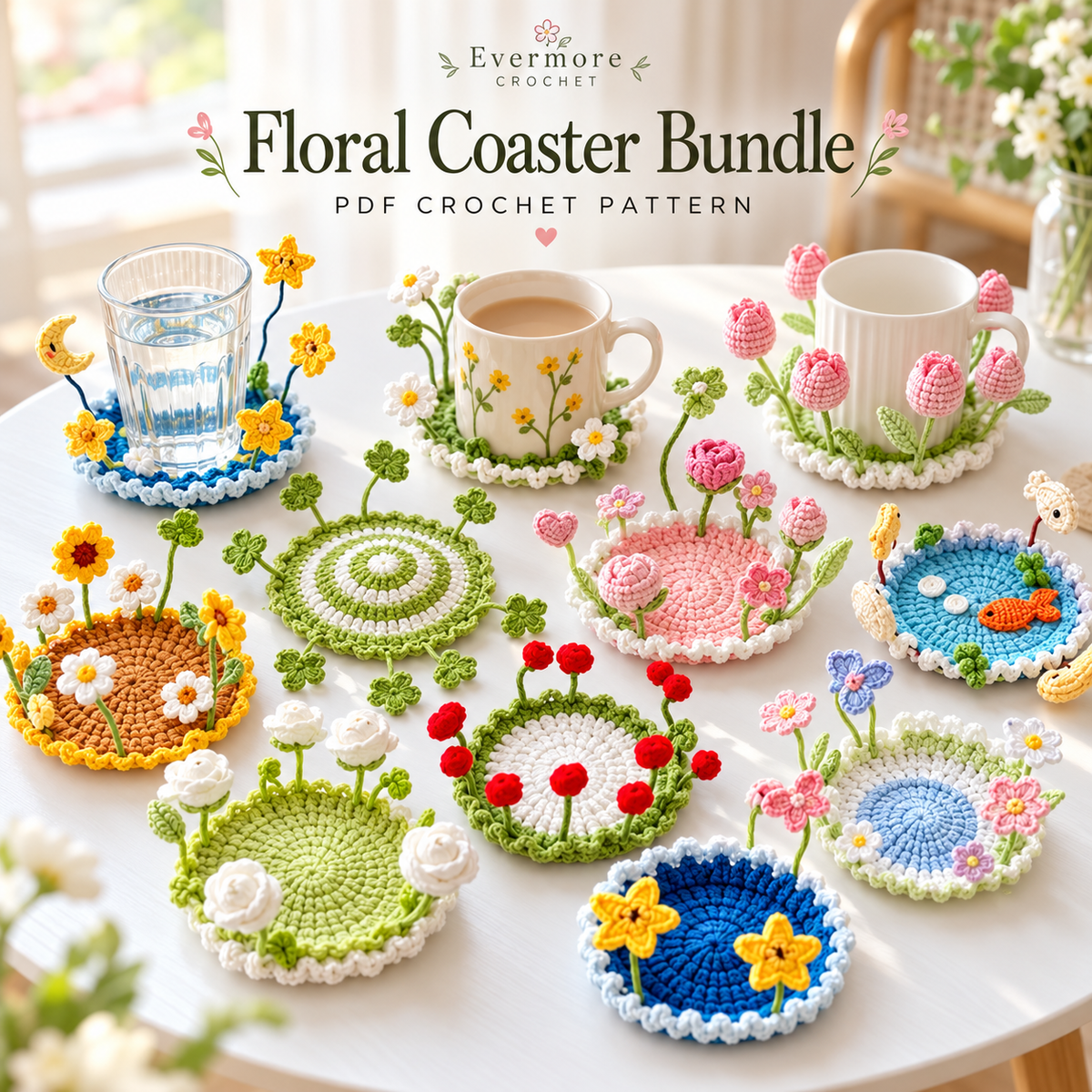 16-in-1 Flip-Up Coaster Crochet Pattern Bundle PDF – Blooming 3D Cup Decor