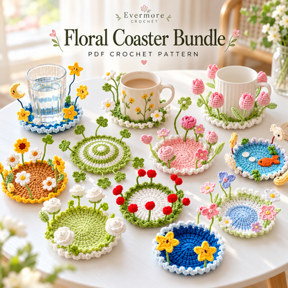 16-in-1 Flip-Up Coaster Crochet Pattern Bundle PDF – Blooming 3D Cup Decor