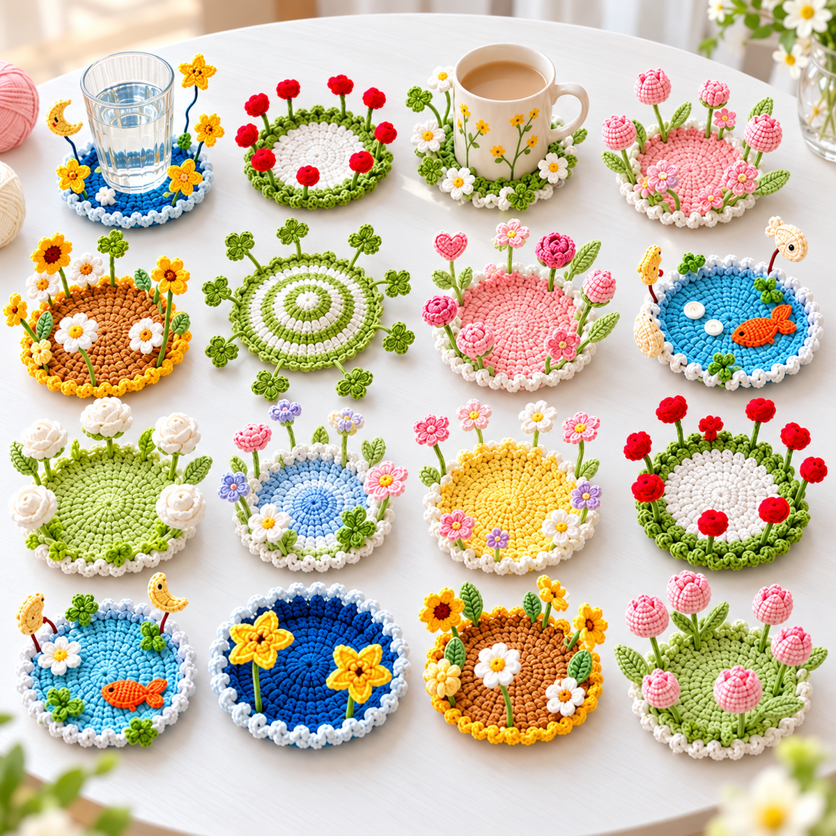 16-in-1 Flip-Up Coaster Crochet Pattern Bundle PDF – Blooming 3D Cup Decor