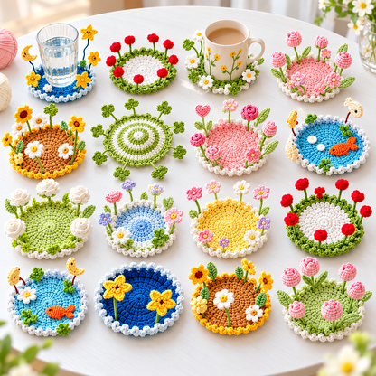 16-in-1 Flip-Up Coaster Crochet Pattern Bundle PDF – Blooming 3D Cup Decor