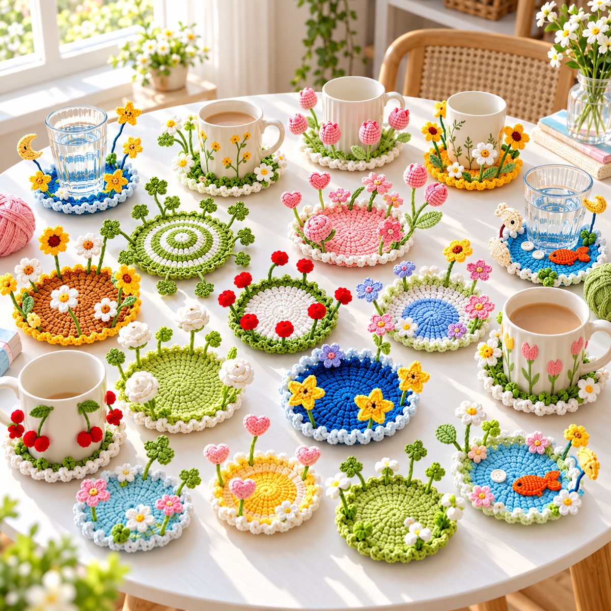 16-in-1 Flip-Up Coaster Crochet Pattern Bundle PDF – Blooming 3D Cup Decor