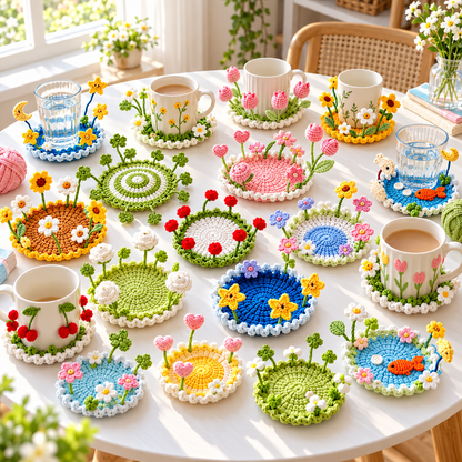 16-in-1 Flip-Up Coaster Crochet Pattern Bundle PDF – Blooming 3D Cup Decor