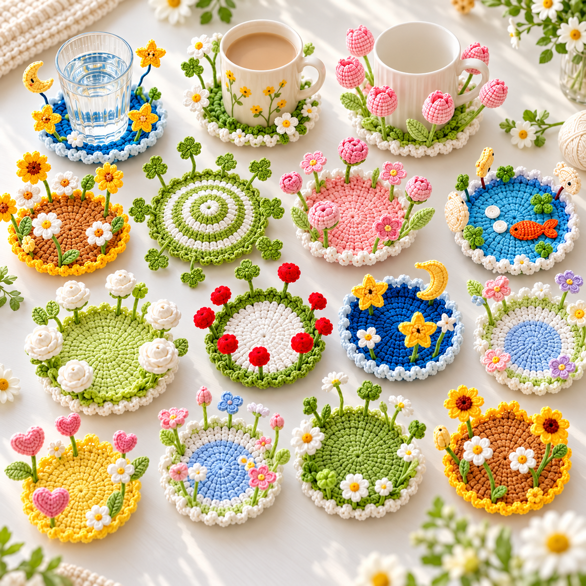 16-in-1 Flip-Up Coaster Crochet Pattern Bundle PDF – Blooming 3D Cup Decor
