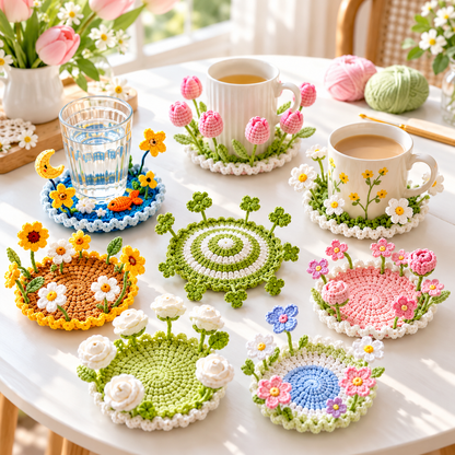 16-in-1 Flip-Up Coaster Crochet Pattern Bundle PDF – Blooming 3D Cup Decor