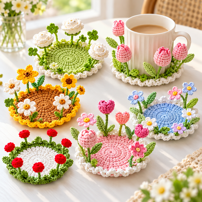 16-in-1 Flip-Up Coaster Crochet Pattern Bundle PDF – Blooming 3D Cup Decor