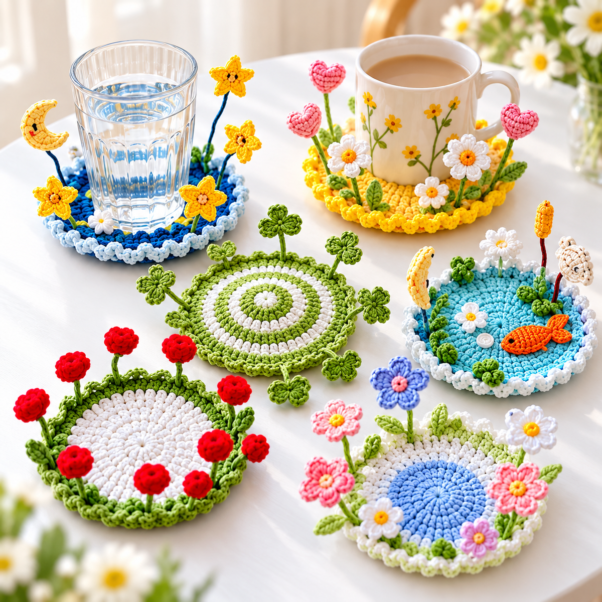 16-in-1 Flip-Up Coaster Crochet Pattern Bundle PDF – Blooming 3D Cup Decor