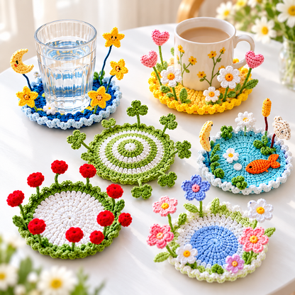 16-in-1 Flip-Up Coaster Crochet Pattern Bundle PDF – Blooming 3D Cup Decor