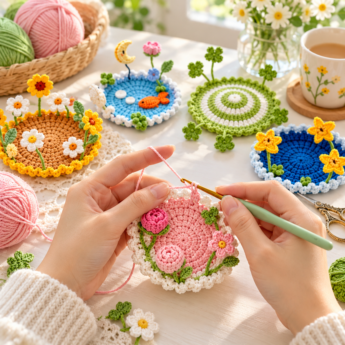 16-in-1 Flip-Up Coaster Crochet Pattern Bundle PDF – Blooming 3D Cup Decor