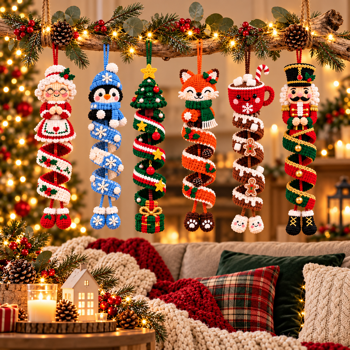 Christmas Wreath Crochet Pattern PDF – Snowman & Gingerbread House Door Decor