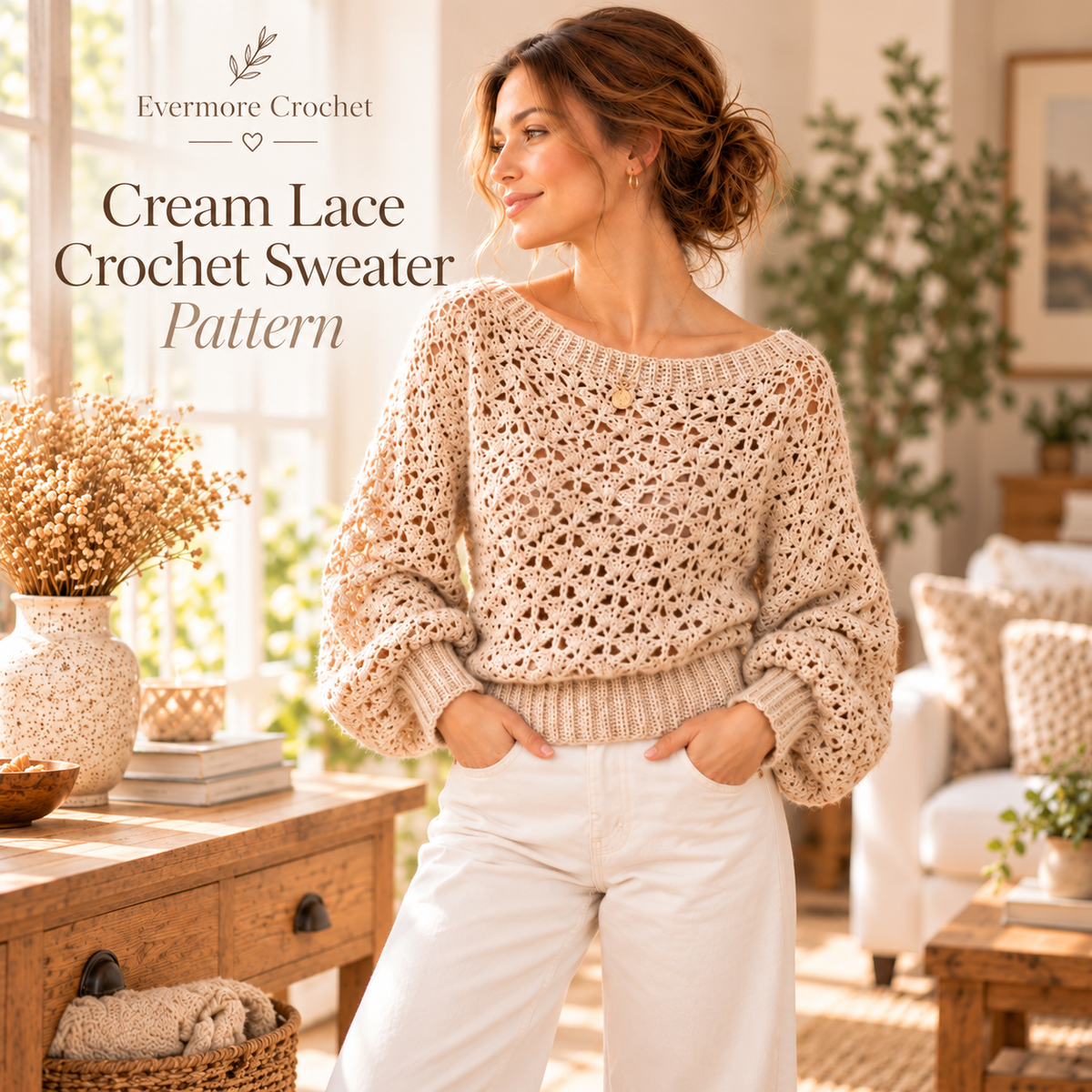Crochet Lace Pullover Pattern PDF – Balloon Sleeve Openwork Sweater