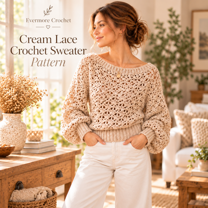 Crochet Lace Pullover Pattern PDF – Balloon Sleeve Openwork Sweater