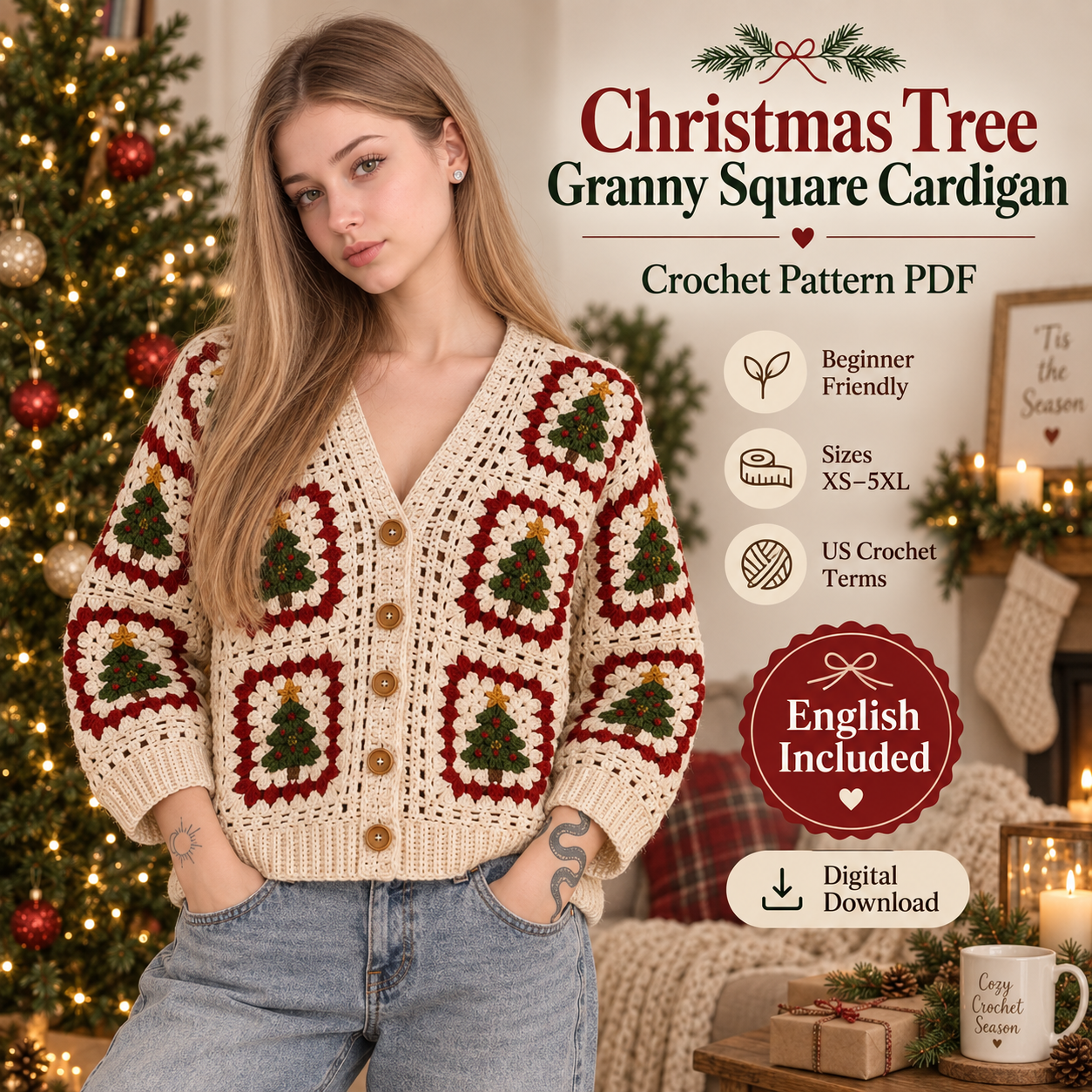 Evergreen Christmas Tree Cardigan – PDF Crochet Pattern
