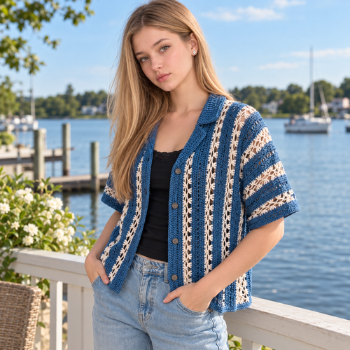 Pebble & Salt Crochet Button-Up Pattern PDF – Unisex Coastal Shirt, Summer Crochet Top, English & Dutch