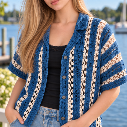 Pebble & Salt Crochet Button-Up Pattern PDF – Unisex Coastal Shirt, Summer Crochet Top, English & Dutch