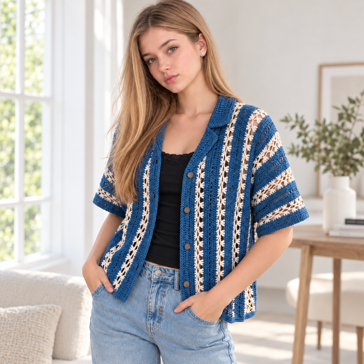 Pebble & Salt Crochet Button-Up Pattern PDF – Unisex Coastal Shirt, Summer Crochet Top, English & Dutch