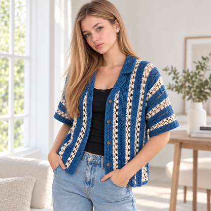 Pebble & Salt Crochet Button-Up Pattern PDF – Unisex Coastal Shirt, Summer Crochet Top, English & Dutch