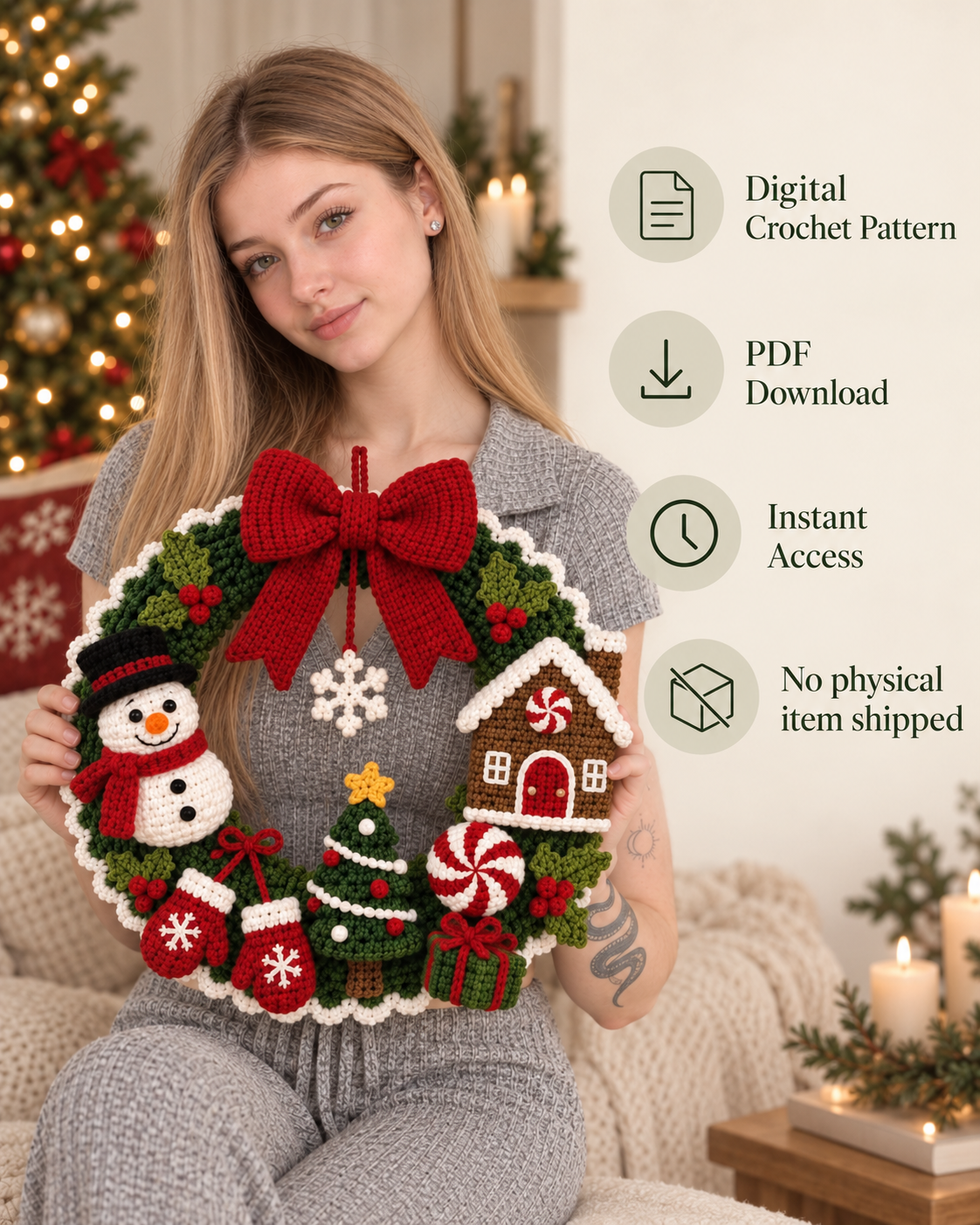 Christmas Crochet Wreath Pattern PDF – Festive Holiday Door Decor