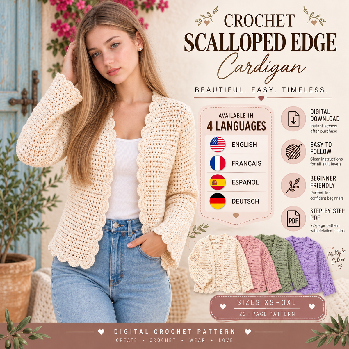 Elise Scalloped Edge Cardigan – PDF Crochet Pattern