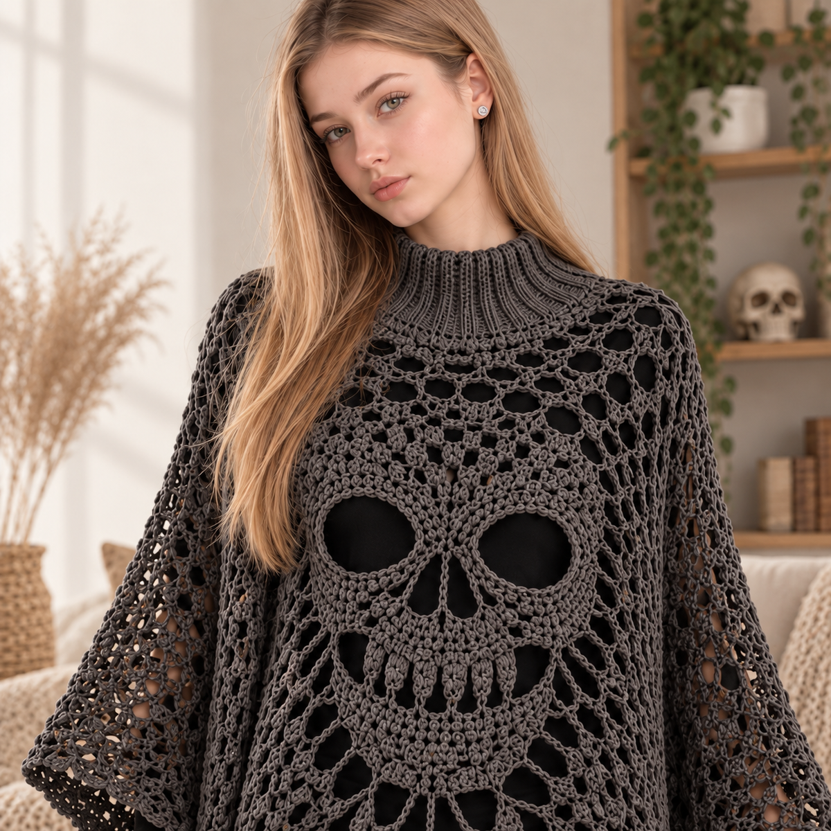 Morrigan Skull Lace Poncho – PDF Crochet Pattern