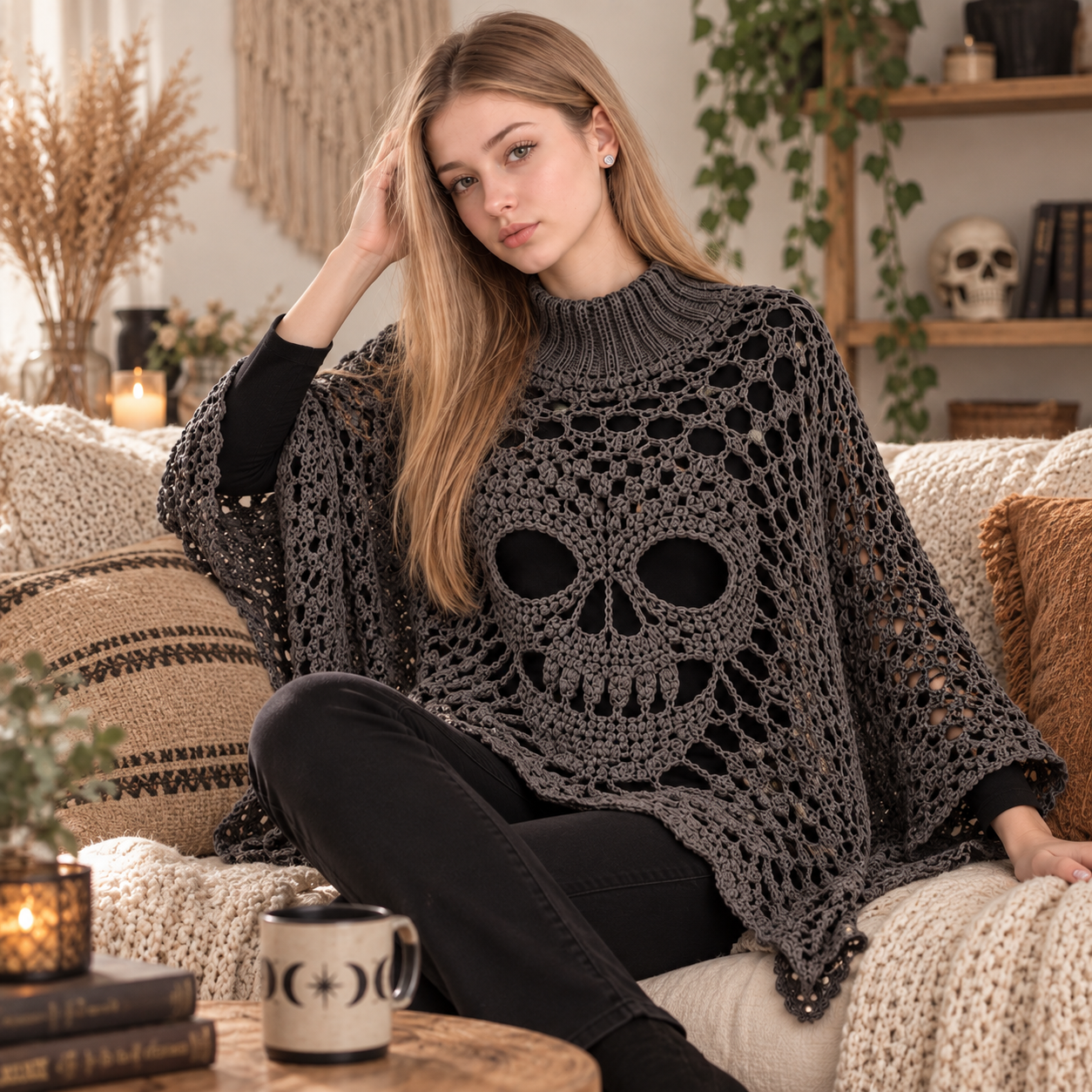 Morrigan Skull Lace Poncho – PDF Crochet Pattern