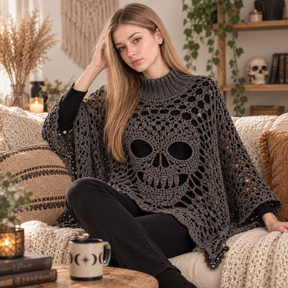 Morrigan Skull Lace Poncho – PDF Crochet Pattern