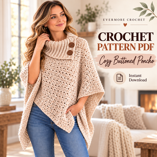 Cozy Buttoned Poncho Crochet Pattern PDF – Cowl Neck & Pointed Hem