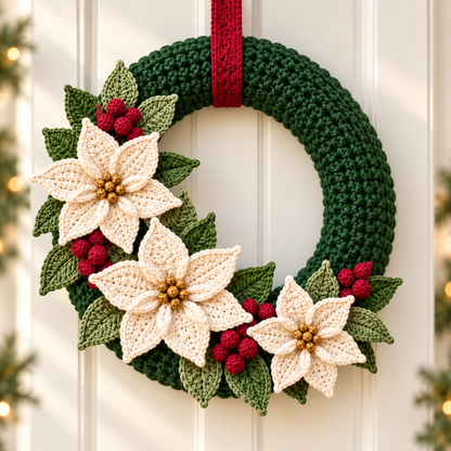 Christmas Crochet Wreath Pattern PDF – Poinsettias & Berries, 14-Inch Base