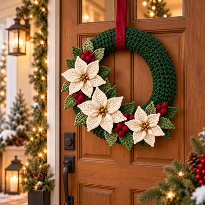 Christmas Crochet Wreath Pattern PDF – Poinsettias & Berries, 14-Inch Base