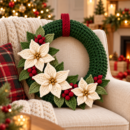 Christmas Crochet Wreath Pattern PDF – Poinsettias & Berries, 14-Inch Base